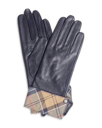 Barbour Lady Jane Tartan Cuff Gauntlet Leather Gloves In Black