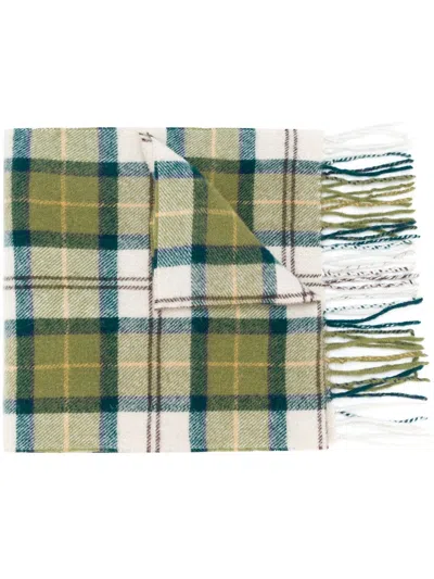 Barbour Lambs Wool Tartan Check Pattern Scarf With Fringed Edge In Green