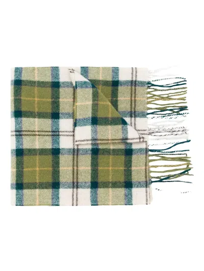 Barbour Lambs Wool Tartan Check Pattern Scarf With Fringed Edge In Green