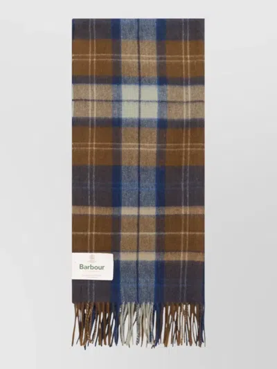 Barbour Checkered Lambswool Scarf With Fringed Ends In Brown