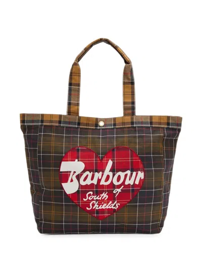 Barbour Large Tartan Heart-patch Tote Bag In Red