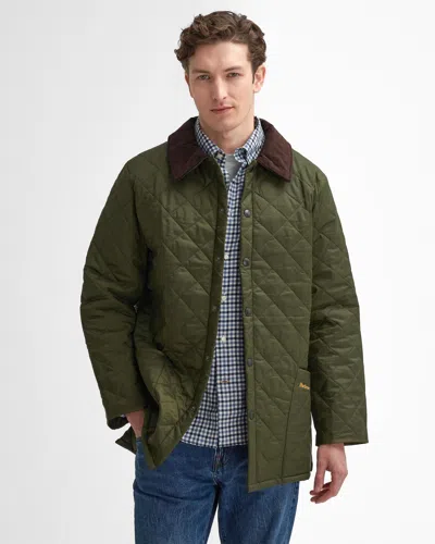 Barbour Heritage Liddesdale Green Jacket With Classic Corduroy Collar And Logo Lettering On The Front In Tec
