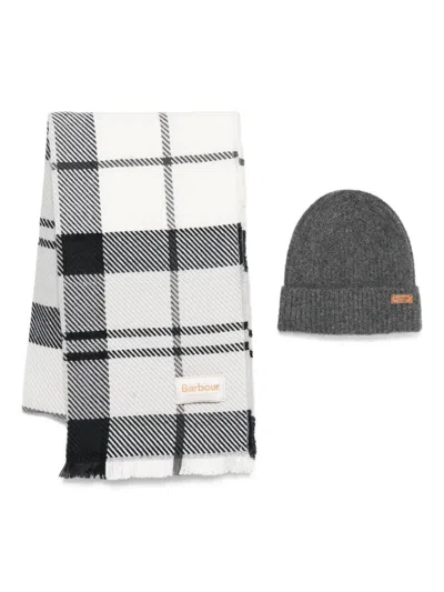 Barbour Logo-appliqué Plaid Scarf And Beanie Set In White