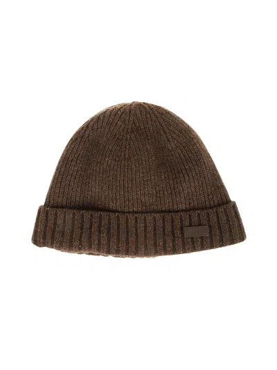Barbour Logo Patch Ribbed Knit Beanie In Brown