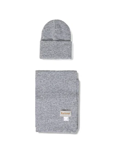 Barbour Logo-plaque Beanie Hat And Scarf Set In Gray