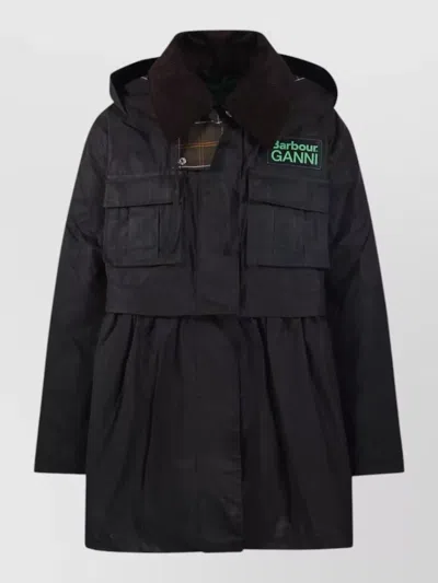 Barbour Long Hooded Coat Corduroy Collar Pockets In Black