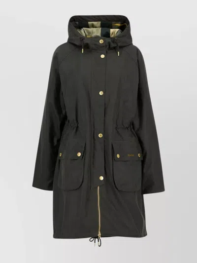 Barbour Long Parka Featuring Adjustable Elements In Black