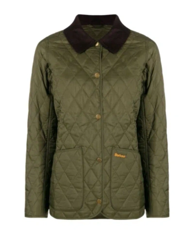 Barbour Heritage Liddesdale Green Jacket With Classic Corduroy Collar And Logo Lettering On The Front In Tec