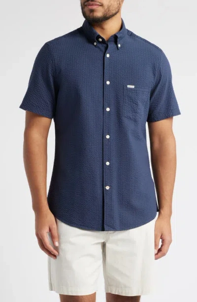 Barbour Longhall Seersucker Performance Short Sleeve Button-down Shirt In Navy