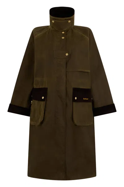 Barbour Longline Jacket With Wide Sleeves And High Collar In Brown