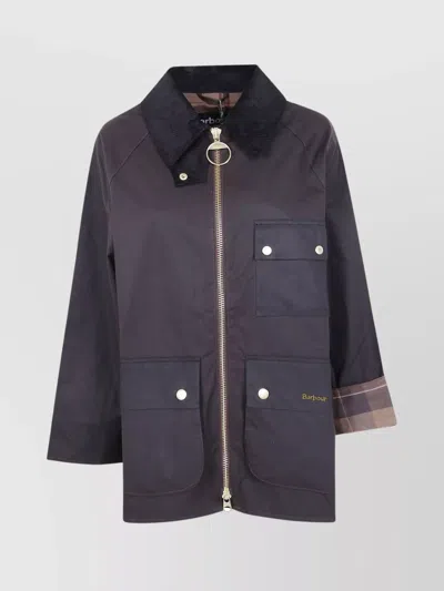 BARBOUR "LUELLA WAXED" JACKET WITH BUTTONS AND PLAID CUFFS