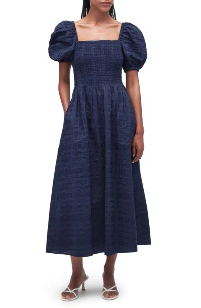 Barbour Macy Shirred Check Puff Sleeve Cotton Midi Dress In Navy