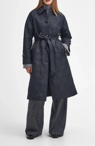 Barbour Mariah Womens Long Quilted Trench Coat In Black/muted Cabernet Tartan