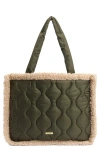 Barbour Marnie Quilted Tote With Faux Shearling Trim In Green