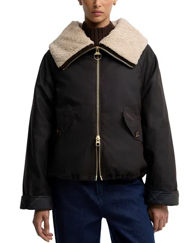 Barbour Mary Faux Fur Collar Waxed Cotton Jacket In Black