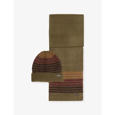 Barbour Mens Army Green Branton Knitted Beanie And Scarf Gift Set