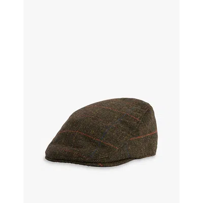 Barbour Mens  Cheviot Logo-patch Tweed Flat Cap In Olive Herringbone