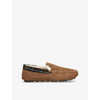 Barbour Mens Camel Monty Tartan-print Faux Shearling-lined Suede Slippers