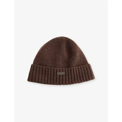 Barbour Mens Carlton Logo-patch Wool-blend Beanie Hat Mid Brown