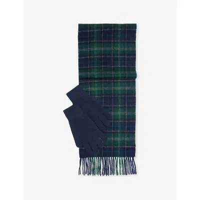 Barbour Mens Green Loch Tartan Tartan-print Lambswool Scarf And Gloves Gift Set