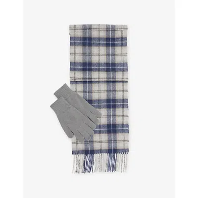 Barbour Mens Grey Midnight Tartan-print Lambswool Scarf And Gloves Gift Set In Gray