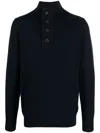 Barbour Navy Blue Wool Knit Sweater With Button Placket And Stand-up Collar In Black