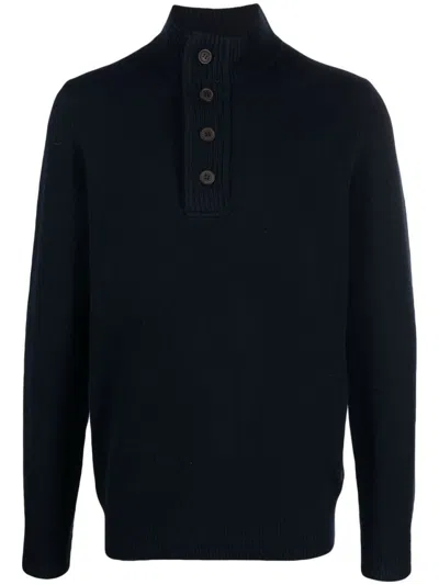 Barbour Navy Blue Wool Knit Sweater With Button Placket And Stand-up Collar In Black