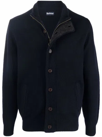 BARBOUR BARBOUR NAVY WOOL ZIP-THROUGH SWEATER WITH HIGH NECK AND ELBOW PATCHES