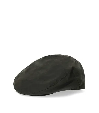 Barbour Olive Green Waxed Flat Cap In Black