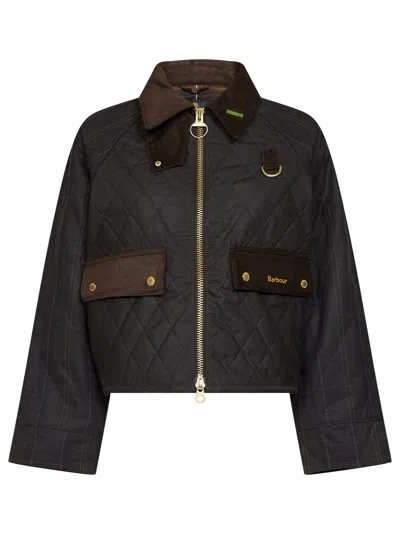 Barbour Olive Quilted Waxed Cotton And Tartan Fabric Spey Jacket In Black
