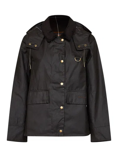 Barbour Olive Waxed Cotton Avon Hooded Jacket In Black