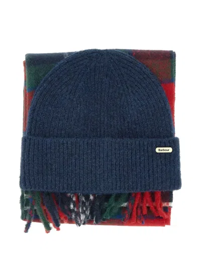 Barbour Olivia Tartan Fringed Beanie Hat And Scarf Set In Blue