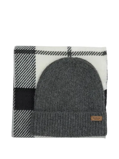 Barbour Pendle And Blair Checked Beanie Hat And Scarf Set In Gray