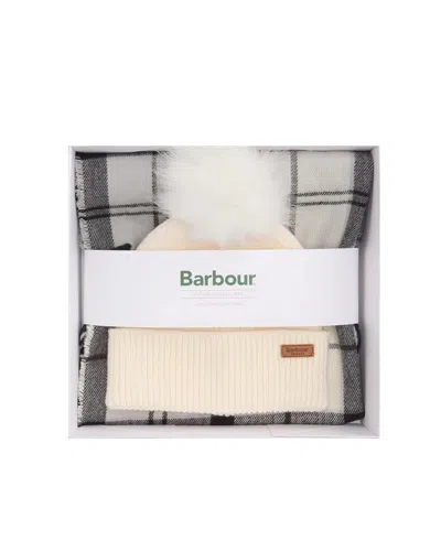 Barbour Plaid Knit Beanie And Scarf Gift Set In Monochrome Tartan