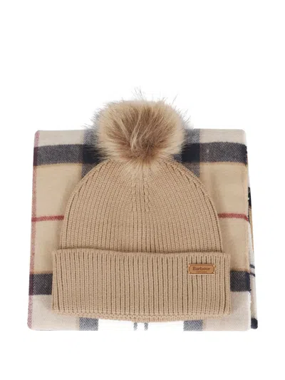 Barbour Pompom-detail Beanie-scarf Set In Neutral