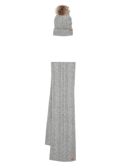 Barbour Pompom-detail Cable-knit Scarf Set In Grey