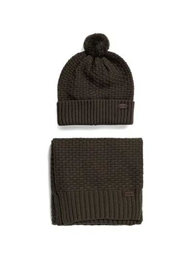 Barbour Pom-pom Waffle-knit Beanie Hat In Brown