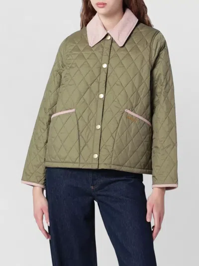 Barbour Quilted Coat Contrast Collar Front Pockets In Green