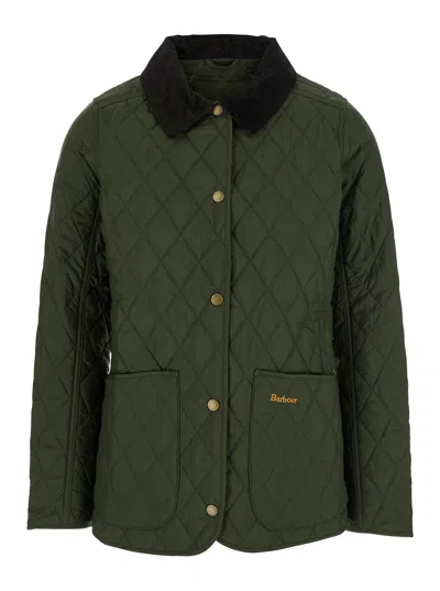 Barbour Quilted Jacket With High Collar And Zip-button Front For Women In Green