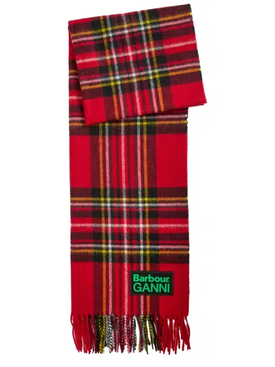 Barbour Red Check Pattern Wool Scarf In Pink
