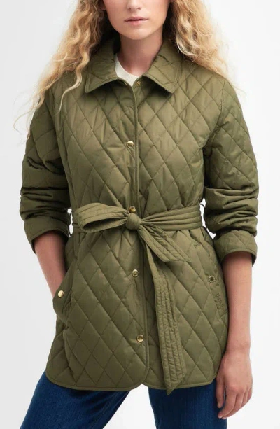 Barbour Reil Quilted Belted Recycled Polyester Jacket In Burnt Olive/ Ancient Poplar