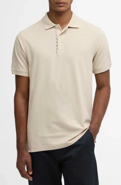 Barbour Reston Tailored Fit Tartan Trim Cotton Piqué Polo In Neutral