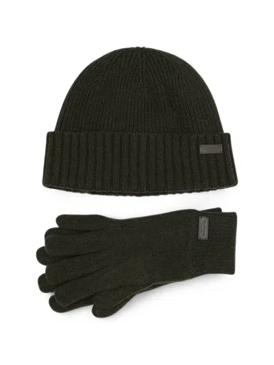 Barbour Ribbed Beanie Hat And Gloves Set In Green