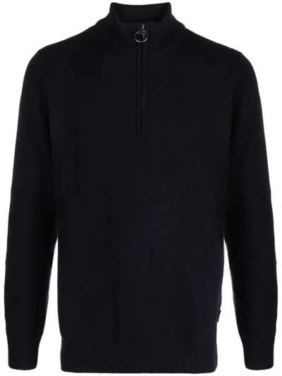 BARBOUR BARBOUR RIBBED KNIT HALF-ZIP SWEATER WITH CLASSIC FUNNEL NECK AND ELBOW PATCHES