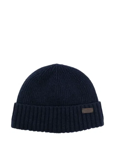 Barbour Logo-patch Ribbed-knit Beanie In Blue