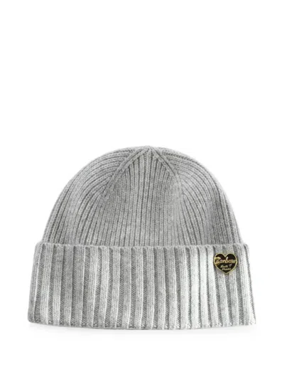 Barbour Ribbed-knit Logo-plaque Beanie Hat In Gray