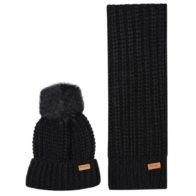 Barbour Logo Patch Rib Knit Puff Beanie And Scarf Set In Black