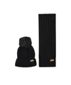 Barbour Logo Patch Rib Knit Puff Beanie And Scarf Set In Black