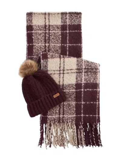 Barbour Saltburn Checked Beanie Hat Graiand Scarf Set In Burgundy