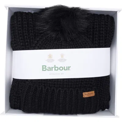 Barbour Saltburn Faux Fur Pompom Beanie & Scarf Set In Black